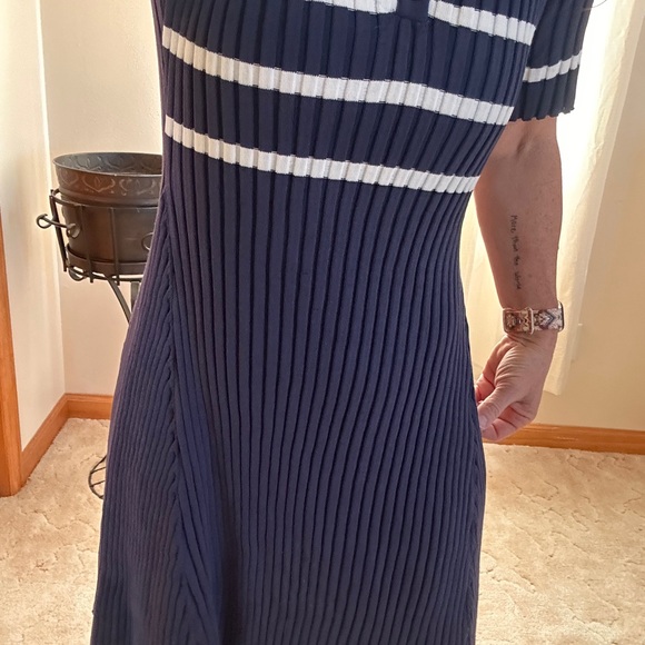 Navy Ribbed Knit Polo Dress with White Stripes- Small- NEW - Picture 4 of 12